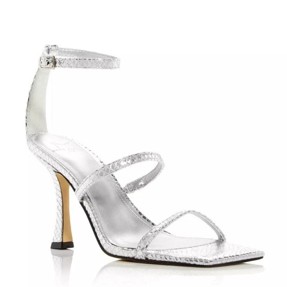 NWOT MARC FISHER Dalida Embossed Strappy Sandals Sz 9 Metallic Silver Snakeskin - Picture 2 of 9